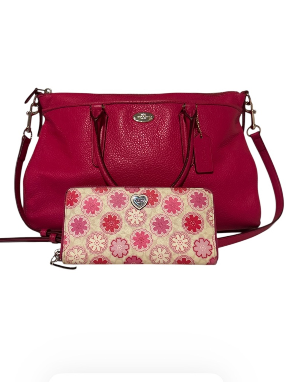 Coach Set Morgan Pink Ruby Satchel Crossbody & Floral Wallet Near 🆕 Condition